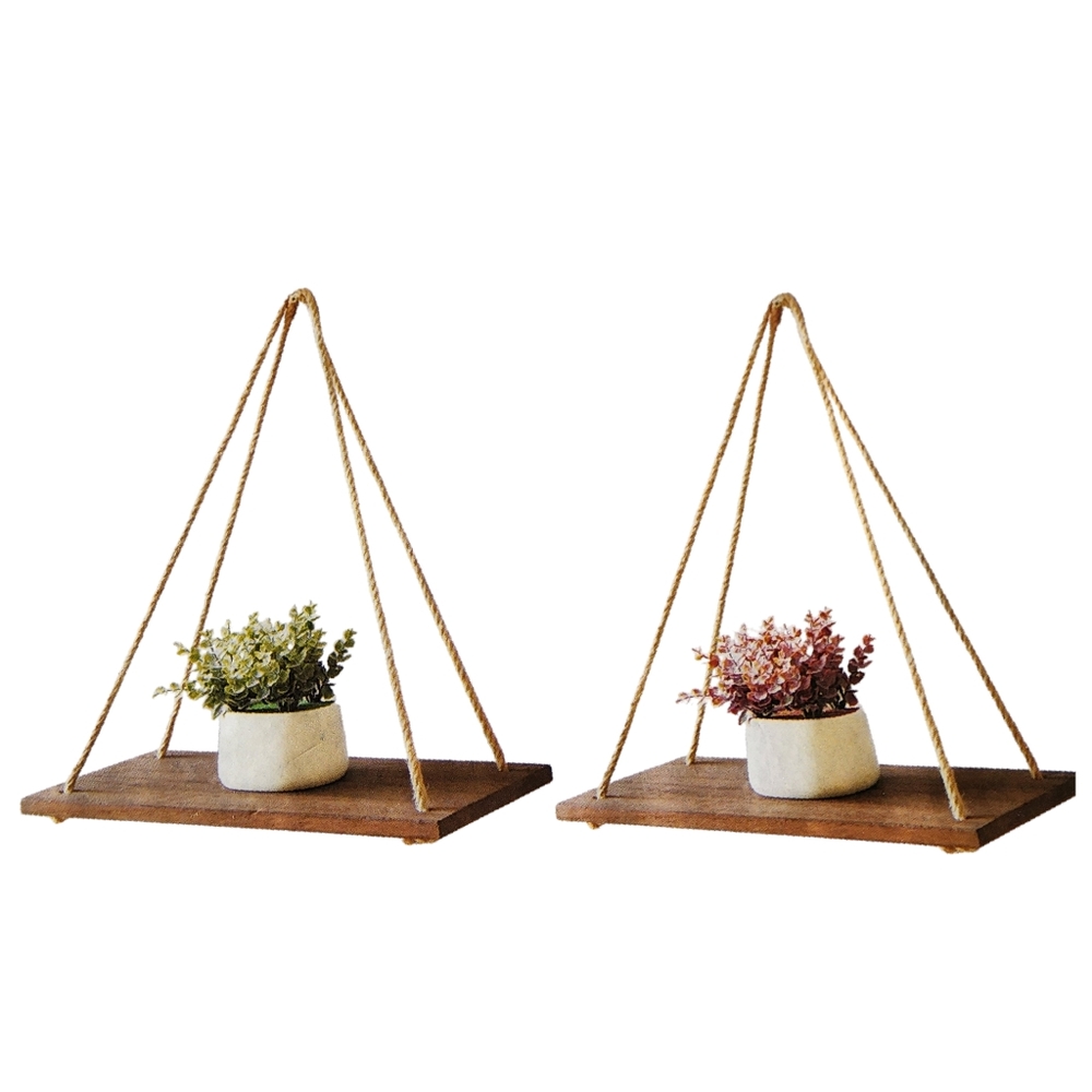 Set of Two Distressed Wood Hanging Swing Rope Floating Shelves‎ 17x8x18in